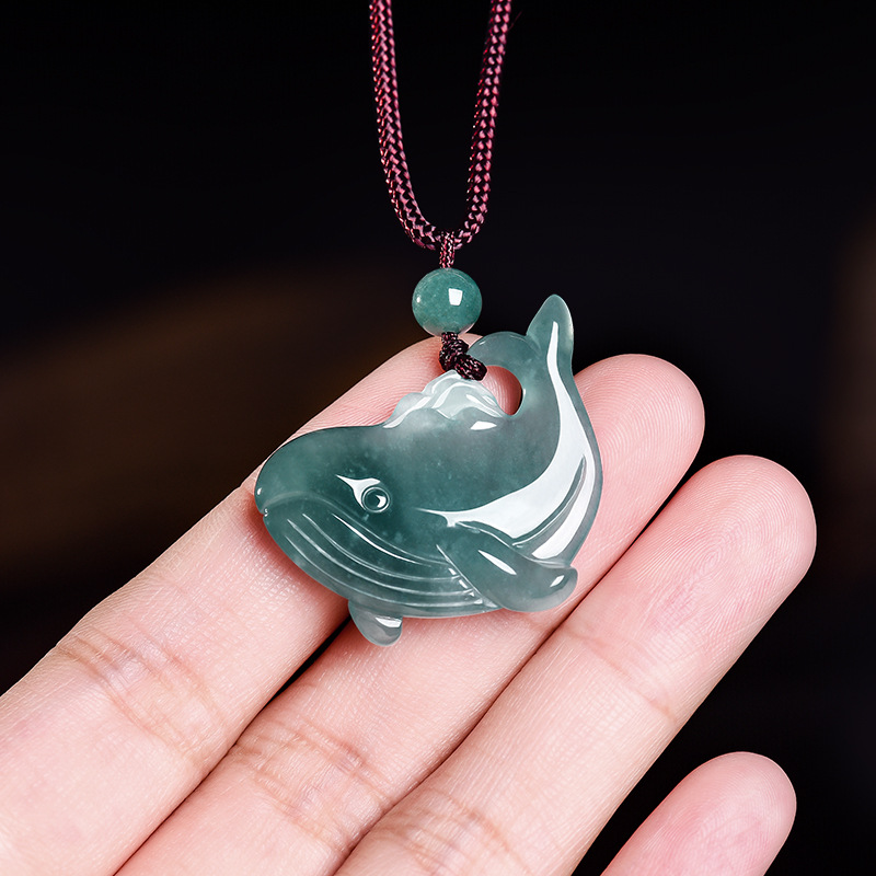 Vintage Fashion Necklace - 천연 버마산 비취 고래 펜던트 목걸이