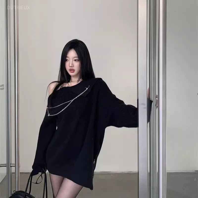Retro Vintage Korean Fashion - Y2k 롱 풀오버 체인 빈티지 홀터