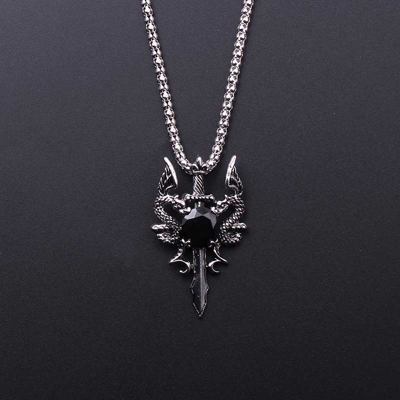 Vintage Fashion Necklace - 더블 드래곤 블랙 젬 크로스 목걸이