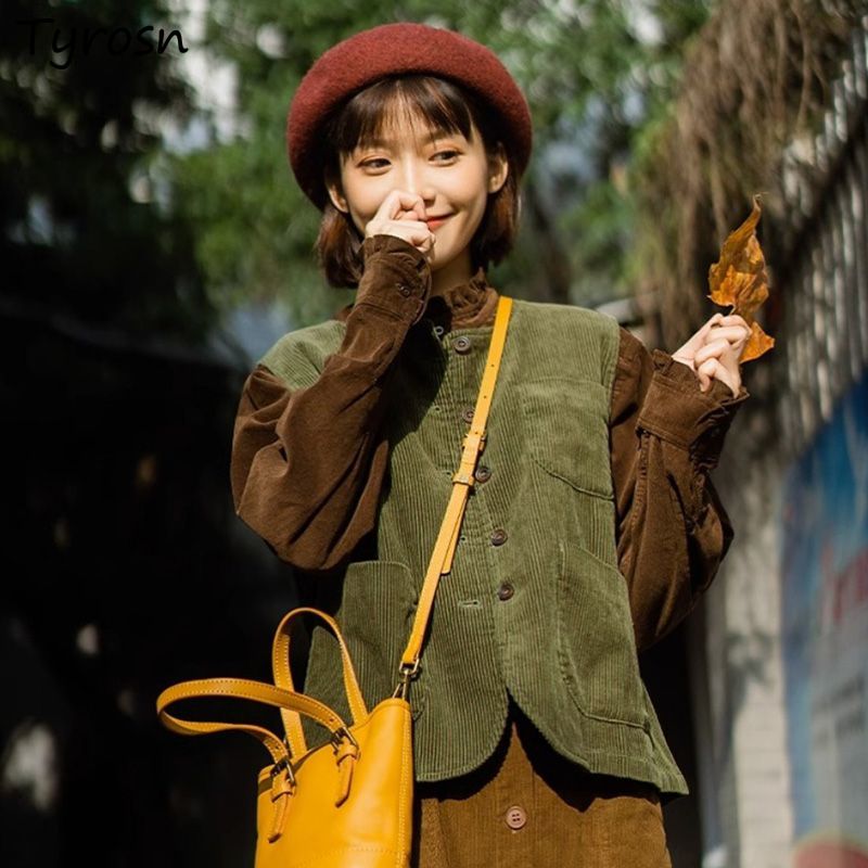 조끼 여성 코듀로이 레트로 빈티지 민소매 자켓 소녀 스 - Retro Vintage Korean Fashion 리뷰 및 가격