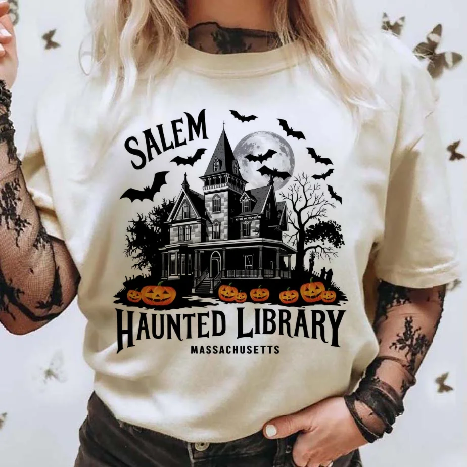 여성용 빈티지 Salem 유령의 도서관 프린트 티셔츠, - Vintage Fashion Library 리뷰 및 가격