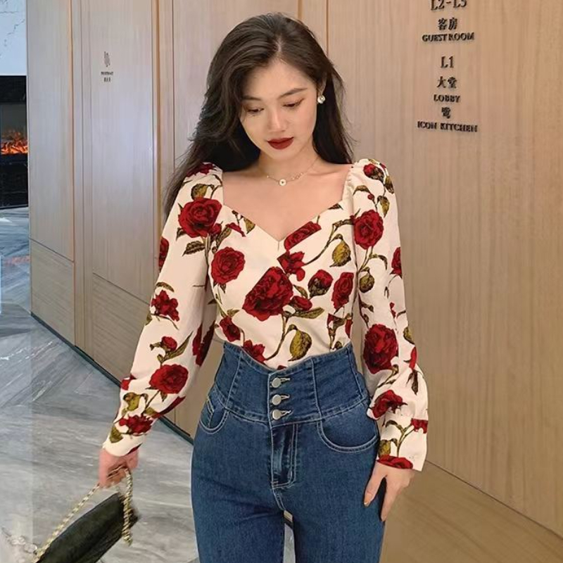 여성용 S-3XL 장미 블라우스, 섹시한 슬림 브이넥  - Retro Vintage Korean Fashion 리뷰 및 가격