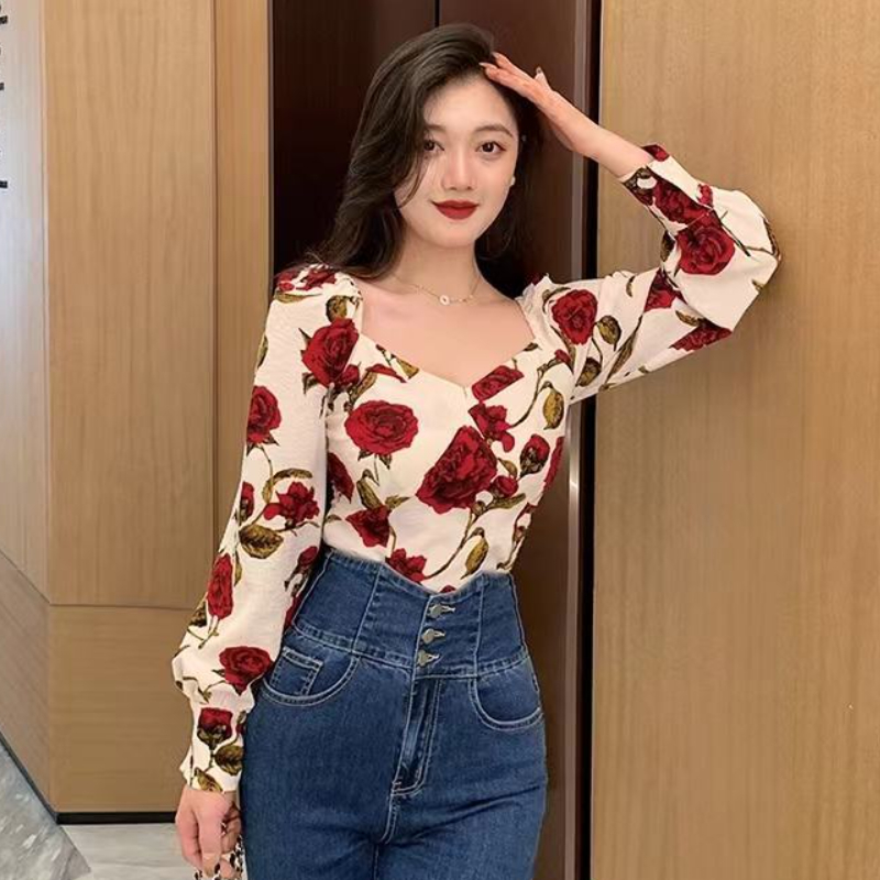 여성용 S-3XL 장미 블라우스, 섹시한 슬림 브이넥  - Retro Vintage Korean Fashion 리뷰 및 가격